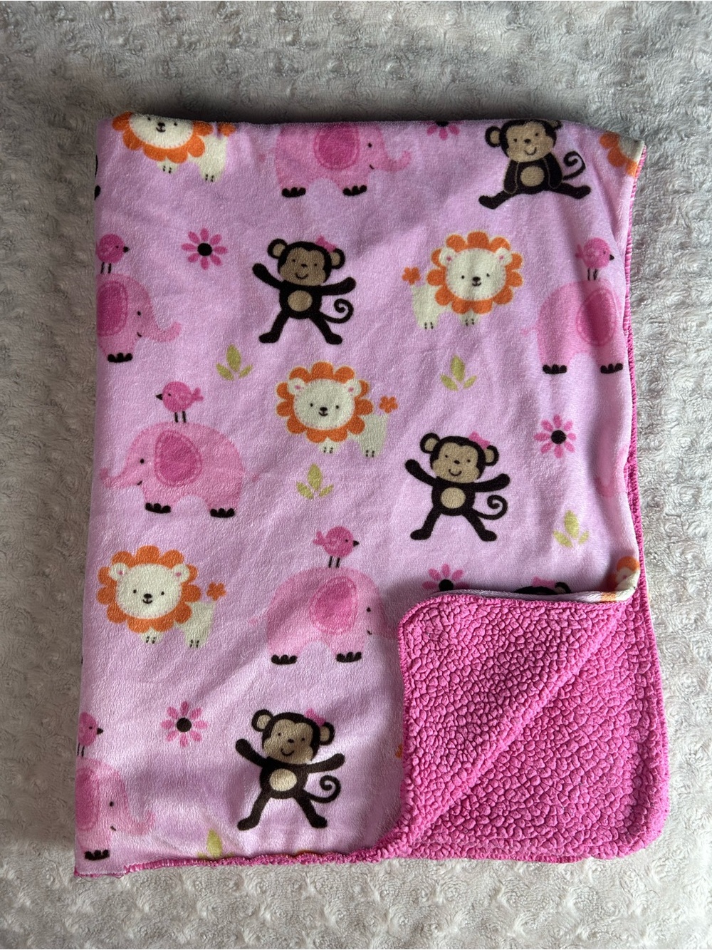 Nojo Pink Monkey Lion Elephant Baby Blanket Sherpa Bird Flower Bow Brown